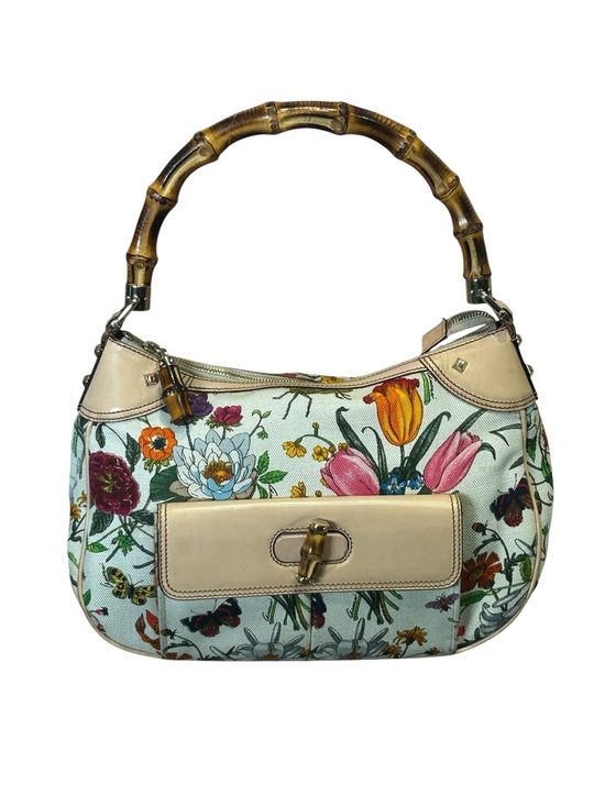 Gucci Handbags - Vintage Y2K Gucci Flora Bamboo Canvas Leather Bamboo Shoulder Bag